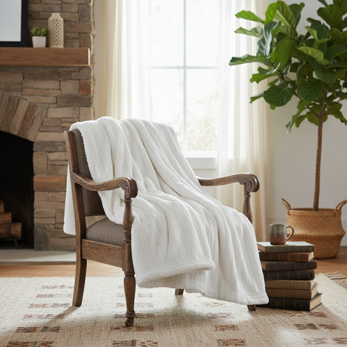 Ivory Faux Fur Sherpa Throw Blanket